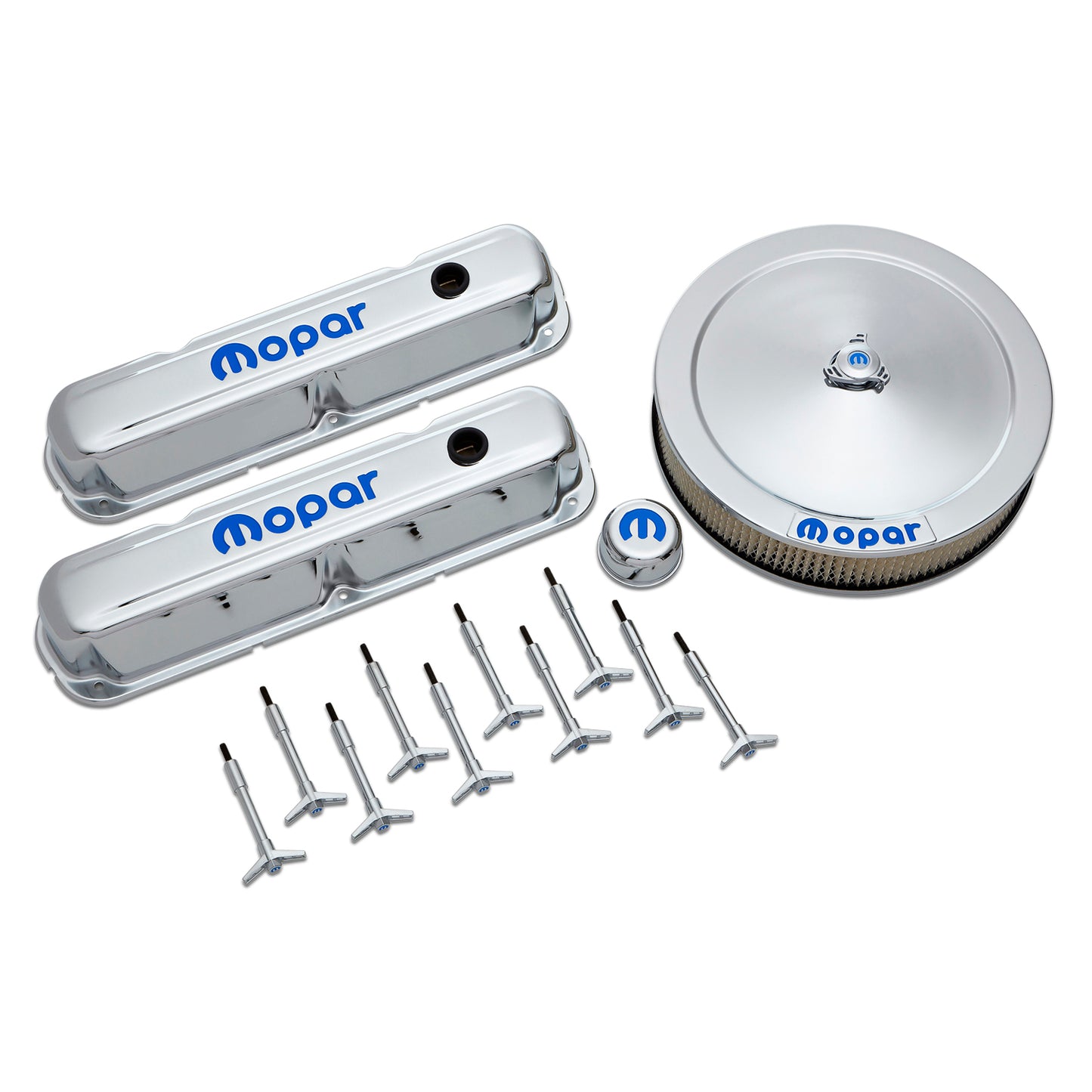 Proform Engine Dress-Up Kit; Chrome w/Blue MOPAR Logo; Fits Small Block (LA) Engines 440-900
