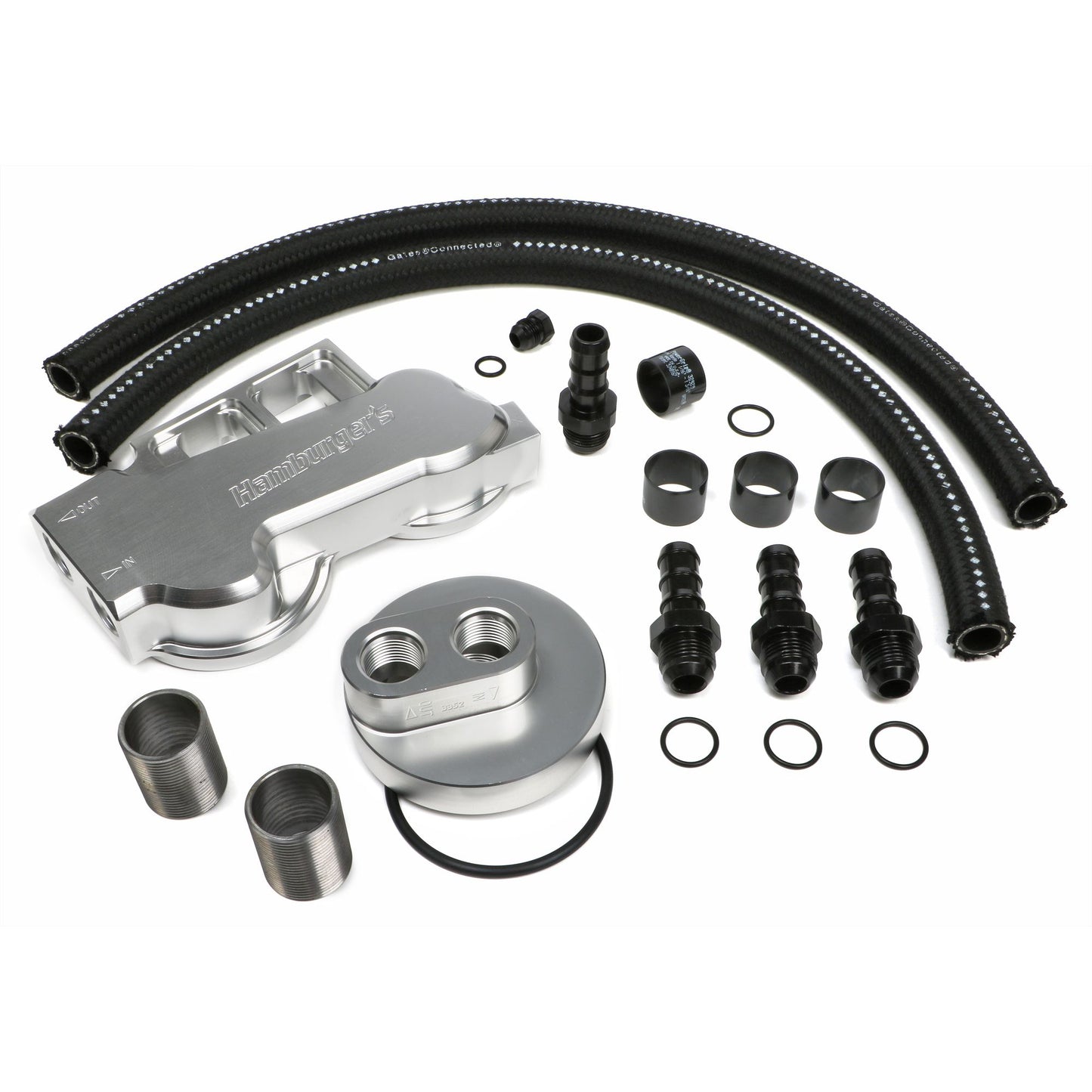 HAMBURGER'S PERFORMANCE PRODUCTS BILLET ALUMINUM TRUE-DUAL DOUBLE OIL FILTER RELOCATION KIT; HORIZONTAL PORT; 3-1/2 IN. I.D. 4-11/16 IN. O.D. OIL FILTER FLANGE; 1-1/2 IN.-12 NIPPLE- FORD DIESEL WITH 1 1/2-12 THREADS 3389