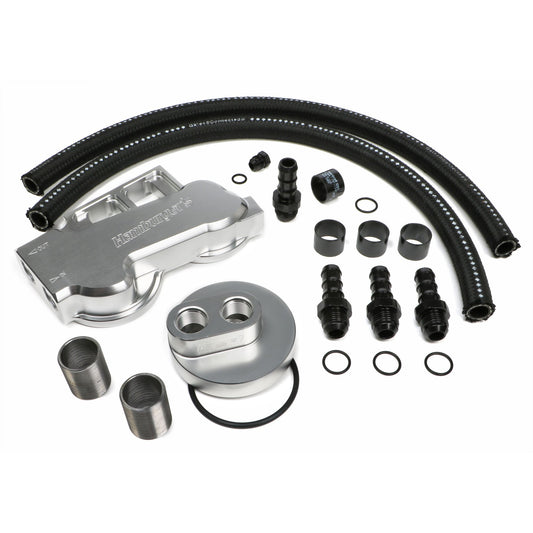 HAMBURGER'S PERFORMANCE PRODUCTS BILLET ALUMINUM TRUE-DUAL DOUBLE OIL FILTER RELOCATION KIT; HORIZONTAL PORT; 3-1/2 IN. I.D. 4-11/16 IN. O.D. OIL FILTER FLANGE; 1-1/2 IN.-12 NIPPLE- FORD DIESEL WITH 1 1/2-12 THREADS 3389