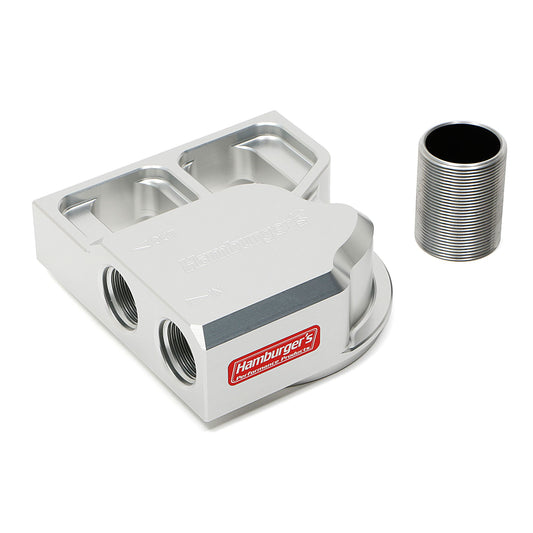 HAMBURGER'S PERFORMANCE PRODUCTS REMOTE OIL FILTER BASE; SINGLE FILTER; -12AN HORIZONTAL PORTS; USES A FRAM PH3786 FILTER (OR EQUIVALENT)- CNC MACHINED BILLET ALUMINUM 3308