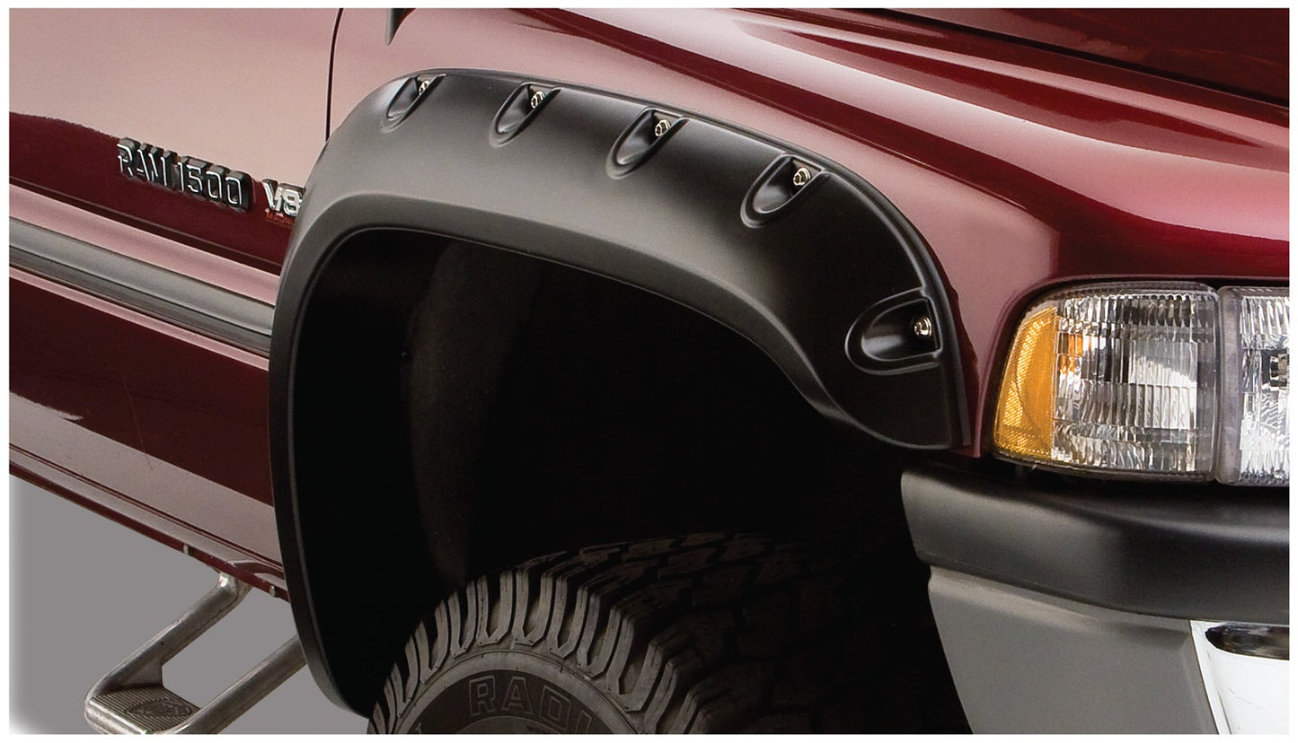 Bushwacker 50029-02 Black Pocket/Rivet Style Smooth Finish Front Fender Flares For 1994-2001 Dodge Ram 1500; 1994-2002 Ram 2500 3500