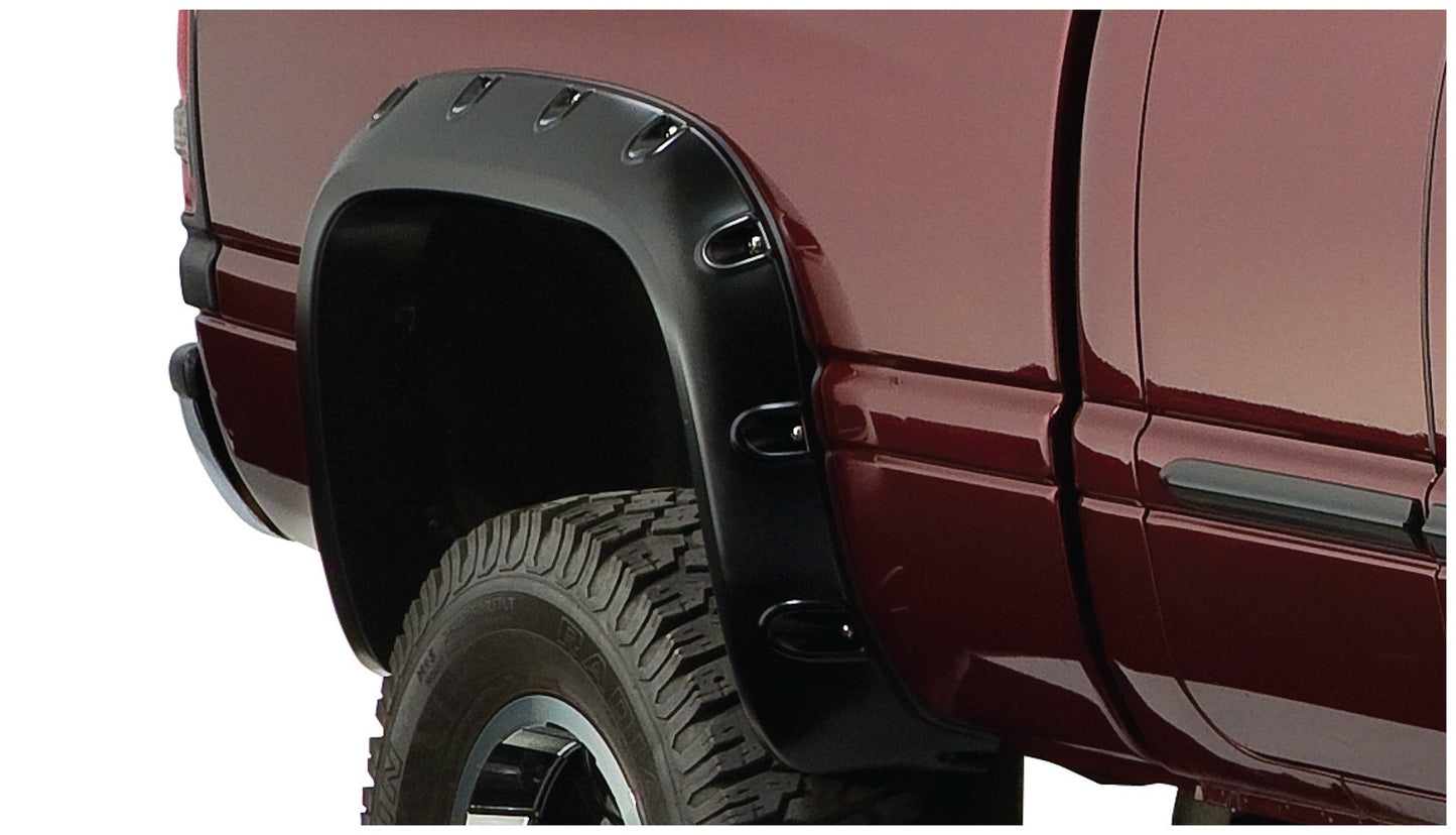 Bushwacker 50026-02 Black Pocket/Rivet Style Smooth Finish Rear Fender Flares For 2006-2008 Dodge Ram 1500; 2006-2009 Ram 2500 3500; Fits 97.9/98.3 In. Bed