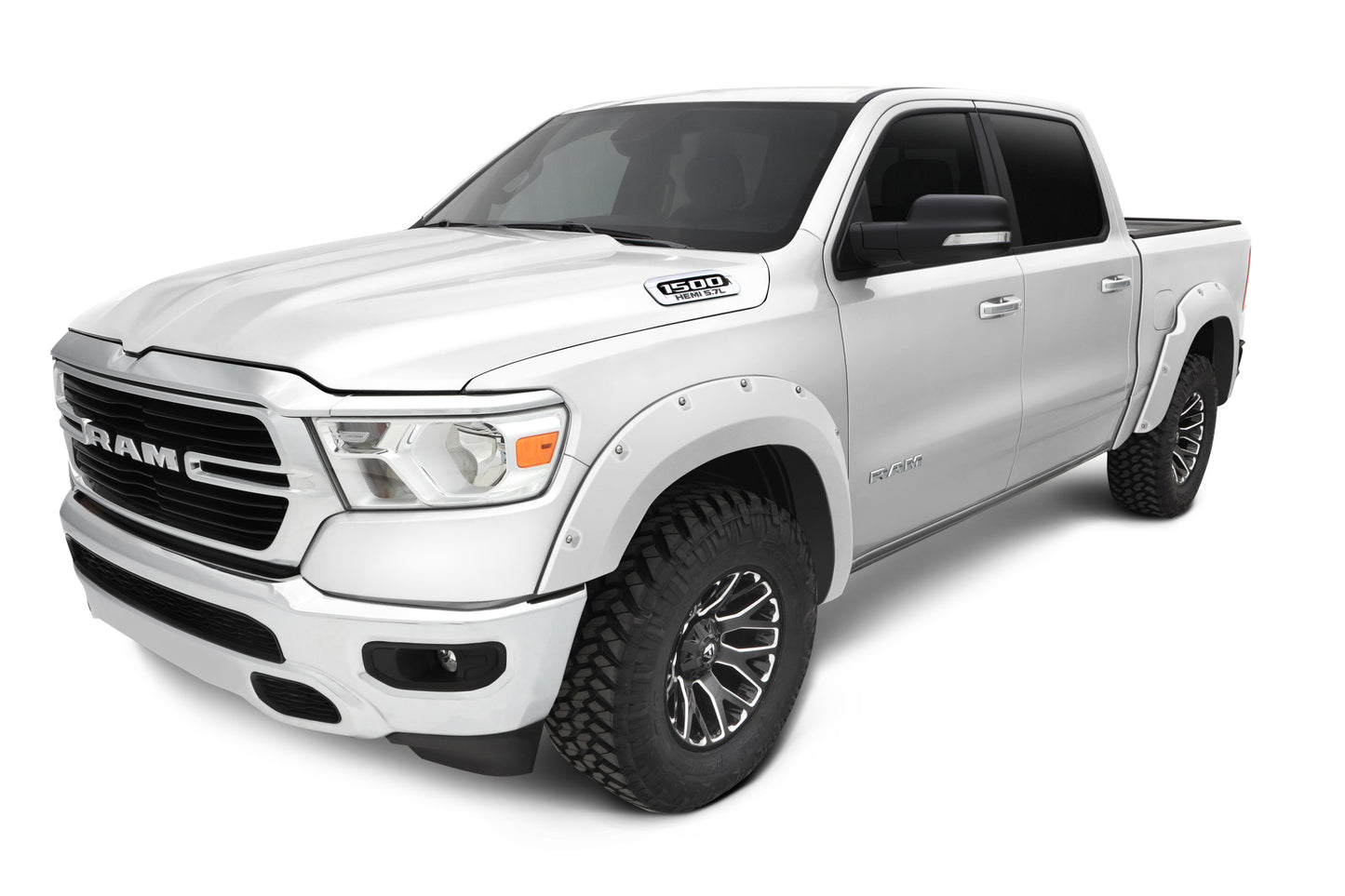Bushwacker 50915-15 Pocket/Rivet Style Color Matched Bright White 4-Piece Fender Flare Set For 2016-2018 Ram 1500 (Excludes R/T/Rebel); 2019-2022 Ram 1500 Classic