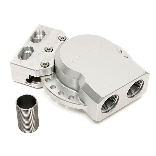 HAMBURGER'S PERFORMANCE PRODUCTS REMOTE OIL FILTER BASE; -12AN MULTI-POSITION PORTS; USES MOBIL M1-403 FILTER (OR EQUIVALENT)- CNC MACHINED BILLET ALUMINUM 3307