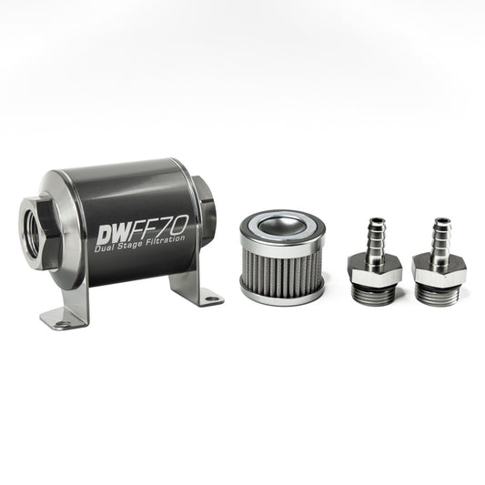 Deatschwerks In-line fuel filter element and housing kit, stainless steel 100 micron, 5/16in hose barb, 70mm. Universal DEW-8-03-070-100K-516