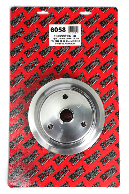 Trans-Dapt Performance Crankshaft Pulley; 3 Groove; 1955-1968 Chevrolet 283-350; Long Water Pump- Polished Aluminum 6058