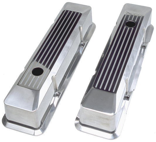 Trans-Dapt Performance Beveled Edge Ball-Milled Aluminum Valve Covers; Tall; Pinstripes- 1958-1986- Sb Chevrolet 283-350 6091