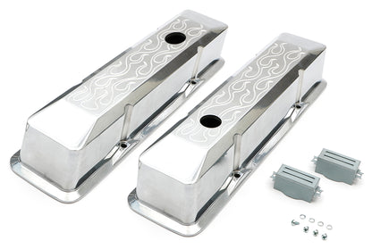 Trans-Dapt Performance Beveled Edge Ball-Milled Aluminum Valve Covers; Tall; Flames- 1958-1986- Sb Chevrolet 283-350 6093