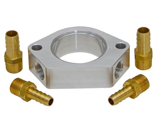 Trans-Dapt Performance 1 In. Tall Billet Aluminum Thermostat Housing Riser With Dual 3/8 In. Npt Water Ports; Fits 1955-99 Sb Chevy And 1966-90 Bb Chevy Engines- Clear Anodized 6104