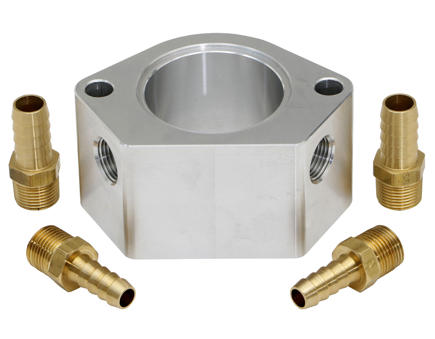 Trans-Dapt Performance 2 In. Tall Billet Aluminum Thermostat Housing Riser With Dual 3/8 In. Npt Water Ports; Fits 1955-99 Sb Chevy And 1966-90 Bb Chevy Engines- Clear Anodized 6105