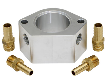 Trans-Dapt Performance 2 In. Tall Billet Aluminum Thermostat Housing Riser With Dual 3/8 In. Npt Water Ports; Fits 1955-99 Sb Chevy And 1966-90 Bb Chevy Engines- Clear Anodized 6105