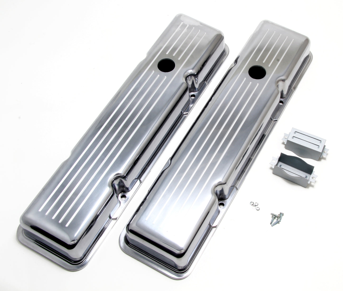 Trans-Dapt Performance Ball-Milled Aluminum Valve Covers; Short; Pinstripes- 1958-1986- Sb Chevrolet 283-350 6721