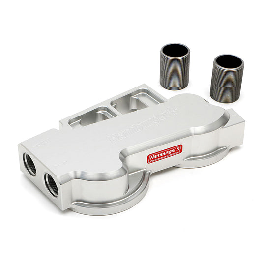 HAMBURGER'S PERFORMANCE PRODUCTS REMOTE OIL FILTER BASE; DUAL FILTER; -12AN HORIZONTAL PORTS; USES FRAM PH3786 FILTER (OR EQUIVALENT)- CNC MACHINED BILLET ALUMINUM 3314