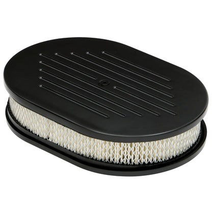 Trans-Dapt Performance Oval Air Cleaner Set Pinstripe (Ball-Milling); 8-3/8 In. Width 12 In. Length; Raised Base- Black Aluminum 7460