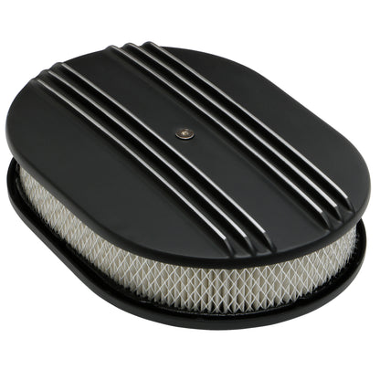 Trans-Dapt Performance Oval Air Cleaner Set; Partially Finned; 8-3/8 In. Width 12 In. Length; Raised Base- Black Aluminum 7466