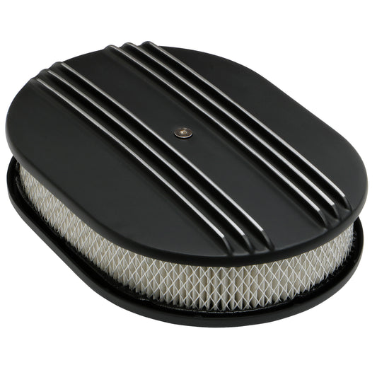 Trans-Dapt Performance Oval Air Cleaner Set; Partially Finned; 8-3/8 In. Width 12 In. Length; Raised Base- Black Aluminum 7466