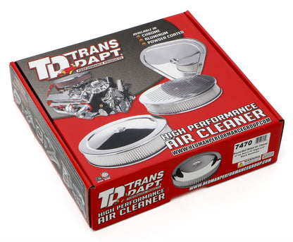 Trans-Dapt Performance Round Air Cleaner Set; Pinstriped (Ball-Milling); 14 In. Diameter 3 In. Tall; Recessed Base- Black Aluminum Top/ Black Steel Base 7470