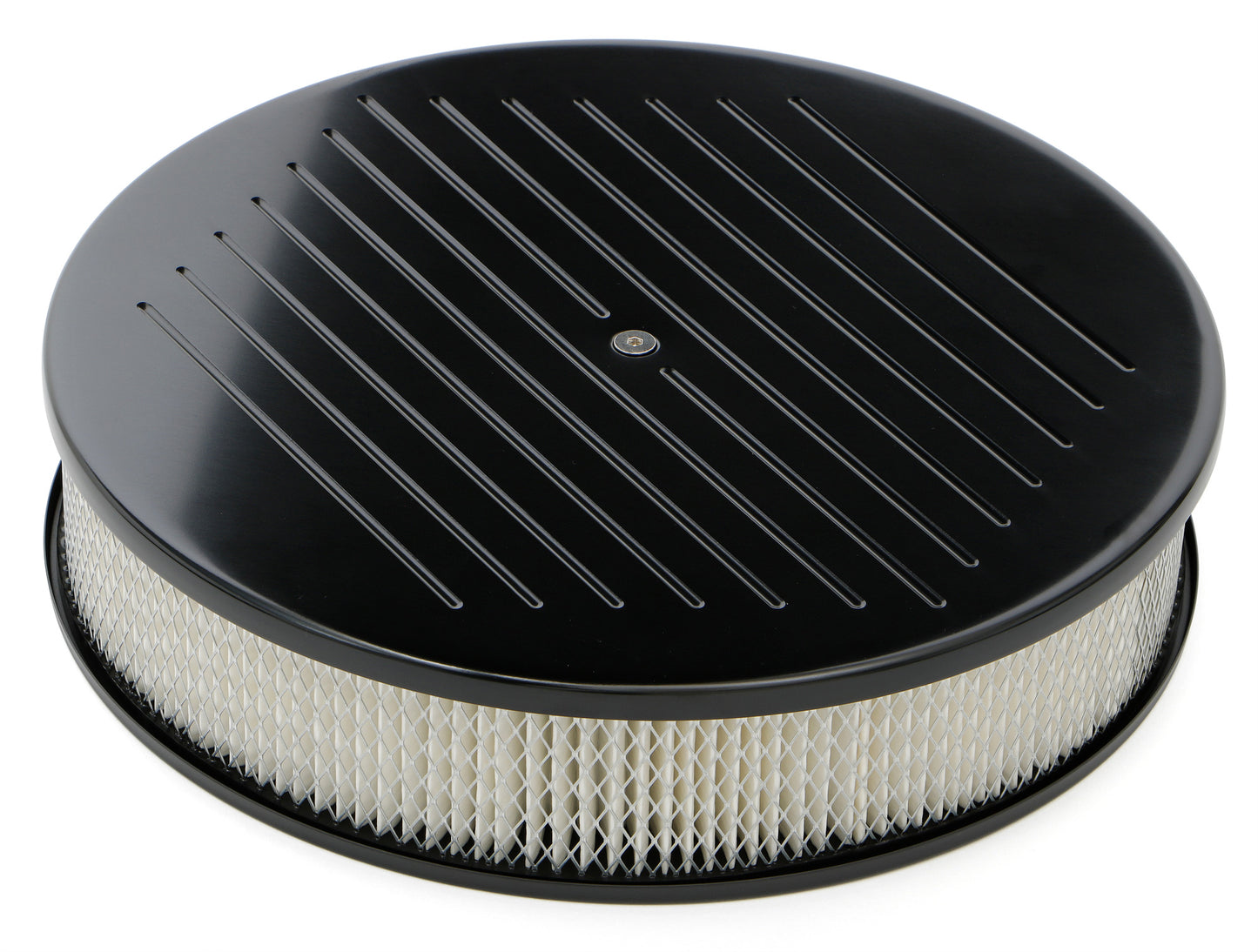 Trans-Dapt Performance Round Air Cleaner Set; Pinstriped (Ball-Milling); 14 In. Diameter 3 In. Tall; Recessed Base- Black Aluminum Top/ Black Steel Base 7470