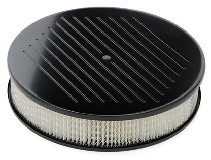 Trans-Dapt Performance Round Air Cleaner Set; Pinstriped (Ball-Milling); 14 In. Diameter 3 In. Tall; Recessed Base- Black Aluminum Top/ Black Steel Base 7470