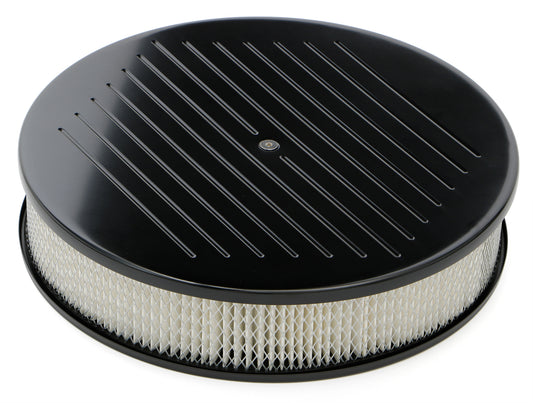 Trans-Dapt Performance Round Air Cleaner Set; Pinstriped (Ball-Milling); 14 In. Diameter 3 In. Tall; Recessed Base- Black Aluminum Top/ Black Steel Base 7470