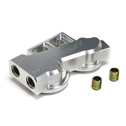 HAMBURGER'S PERFORMANCE PRODUCTS DOUBLE REMOTE OIL FILTER RELOCATION BASE; HP4 (OR EQUIVALENT); -12AN PORTS- BILLET ALUMINUM 3313