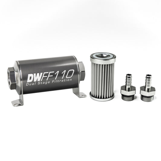 Deatschwerks In-line fuel filter element and housing kit, stainless steel 5 micron, 3/8in hose barb, 110mm. Universal DEW-8-03-110-005K-38