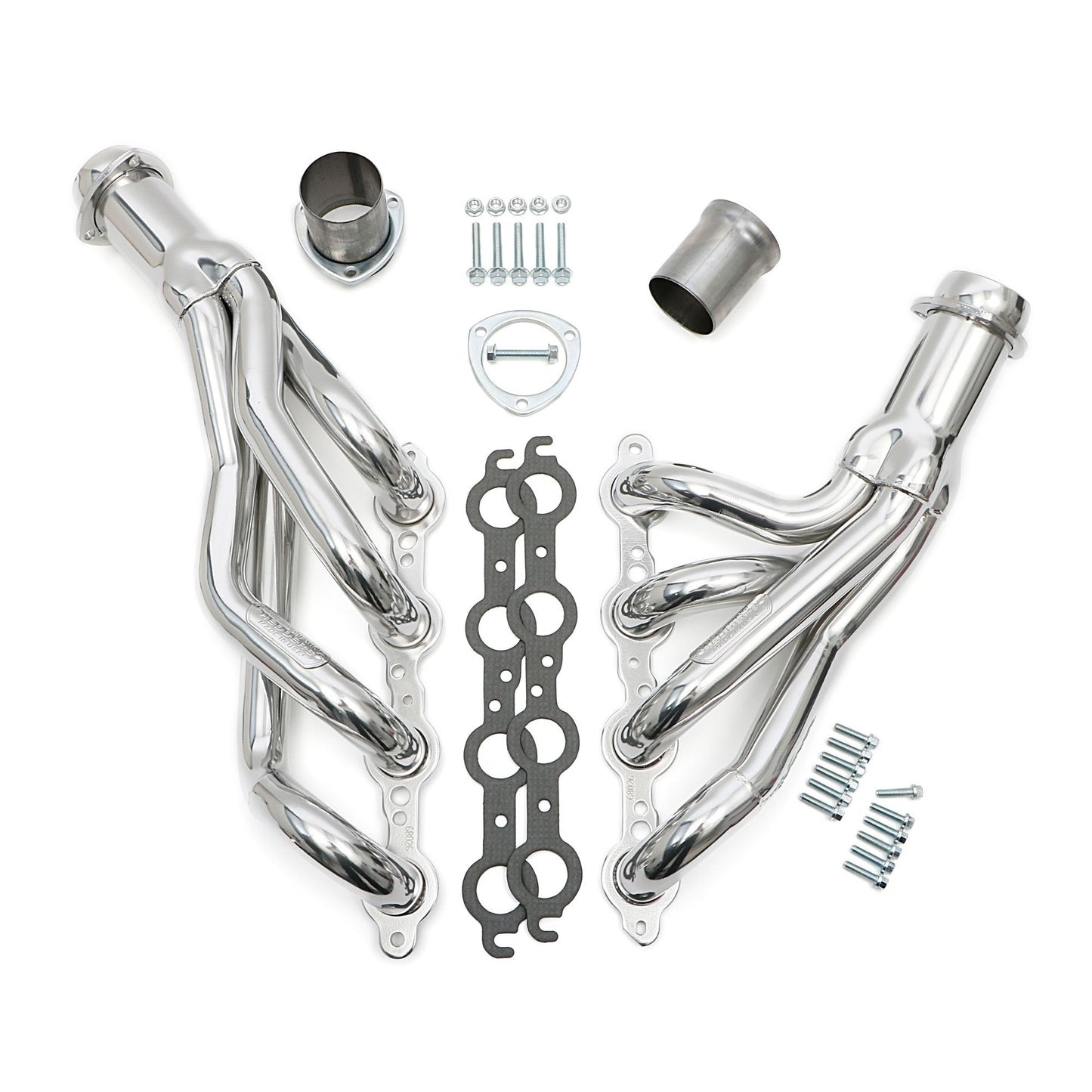 Hedman Hedders LS SWAP HEADERS; 1-3/4 IN. MID LENGTH; 1978-81 GM A-BODY & 1982-88 GM G-BODY CARS (CHEVY MONTE CARLO MALIBU EL CAMINO GMC CABALLERO BUICK REGAL OLDS CUTLASS PONTIAC BONNEVILLE GRAND PRIX ; HTC POLISHED SILVER CERAMIC COATED MILD STEEL 68026