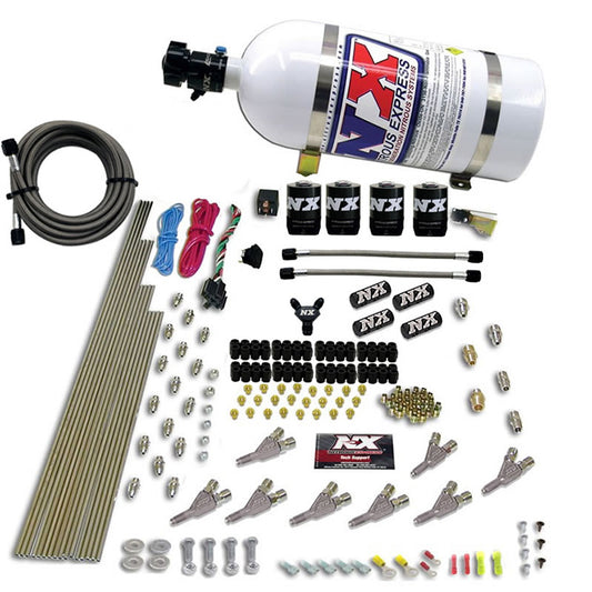 Nitrous Express STD NOZZLE SYSTEM (200-500HP) GAS W/ DIST. BLOCK & 4 SOLENOIDS WITH 10LB BOTTLE NX-80018-10