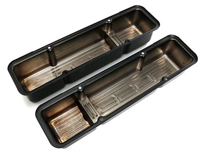 Trans-Dapt Performance Chevy 350 Logo Tall Asphalt Black Powder Coated Valve Covers 8677