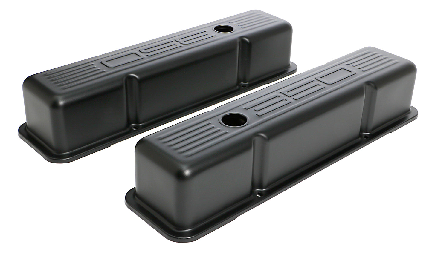 Trans-Dapt Performance Chevy 350 Logo Tall Asphalt Black Powder Coated Valve Covers 8677