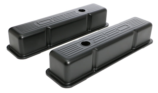 Trans-Dapt Performance Chevy 350 Logo Tall Asphalt Black Powder Coated Valve Covers 8677