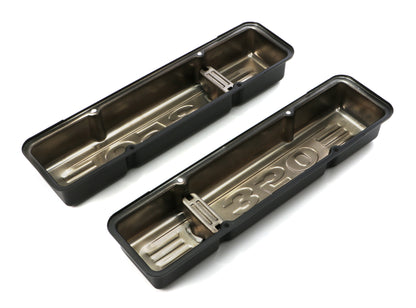 Trans-Dapt Performance Chevy 350 Logo Short Asphalt Black Powder Coated Valve Covers 8678
