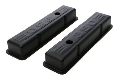 Trans-Dapt Performance Chevy 350 Logo Short Asphalt Black Powder Coated Valve Covers 8678