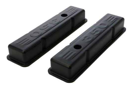 Trans-Dapt Performance Chevy 350 Logo Short Asphalt Black Powder Coated Valve Covers 8678