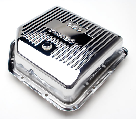 Trans-Dapt Performance Th350- Chrome Transmission Pan; Extra Capacity (2 Qts Over Stock); 3-1/2 In. Depth; Finned Bottom 9198