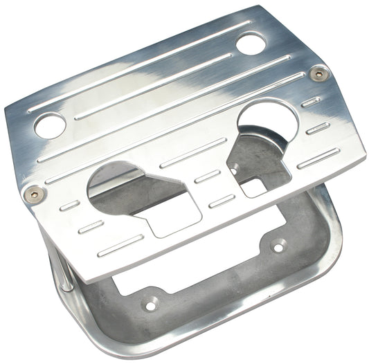 Trans-Dapt Performance Optima Blue/Yellow/Red Top Battery Tray; Pinstriped (Ball-Milled)- Aluminum 9324