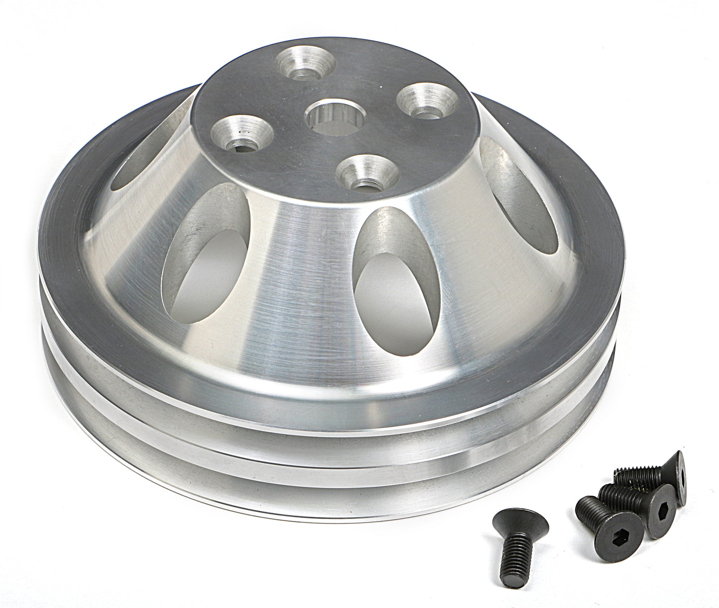 Trans-Dapt Performance Water Pump Pulley; 2 Groove; 1969-1985 Chevrolet 283-350; Long Water Pump- Machined Aluminum 9483