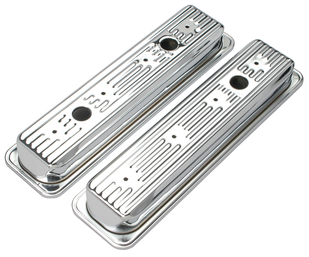 Trans-Dapt Performance Traditional Design Valve Covers; Short; 5.0-5.7L Chevy 1987-99- Chrome 9702