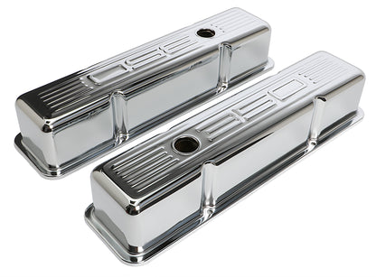 Trans-Dapt Performance 350 In. C.I.D. Logo Design Valve Covers; Tall; 1958-1986 Sb Chevy 350- Chrome 9841