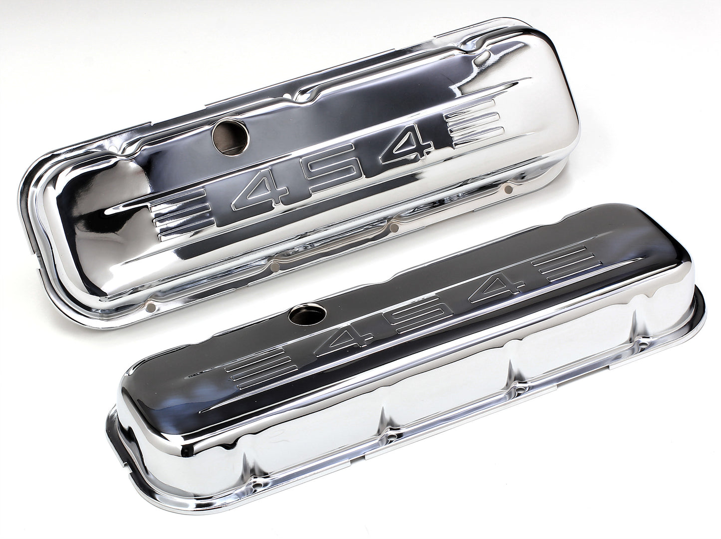 Trans-Dapt Performance 454 In. C.I.D. Logo Design Valve Covers; Short; 1965-2000 Bb Chevy 454- Chrome 9844