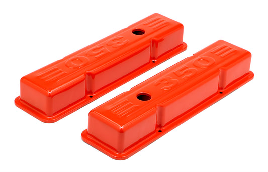 Trans-Dapt Performance Chevy 350 Logo Short Orange Powder Coated Valve Covers 9852
