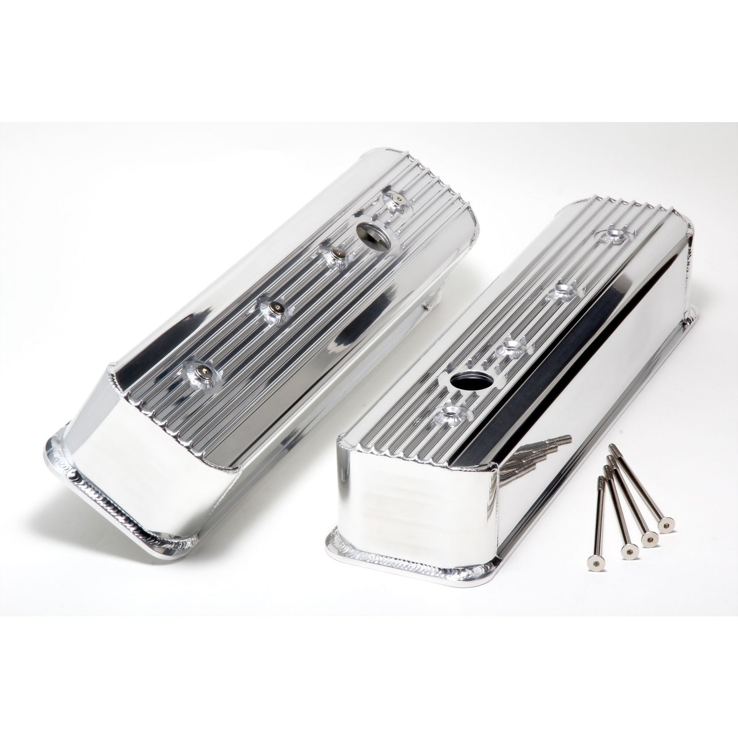 HAMBURGER'S PERFORMANCE PRODUCTS FABRICATED ALUMINUM VALVE COVERS WITHFINS; CHEVY SB 305-350; 1987-99 (CENTER BOLT DESIGN); WITH HOLES- POLISHED ALUMINUM 1114