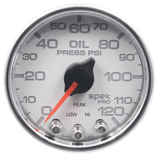 AutoMeter 2-1/16 in. OIL PRESSURE 0-120 PSI SPEK-PRO WHITE/CHROME P32511