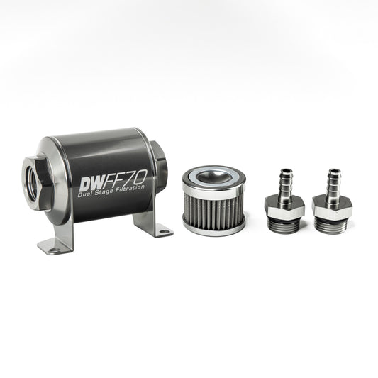 Deatschwerks In-line fuel filter element and housing kit, stainless steel 40 micron, 5/16in hose barb, 70mm. Universal DEW-8-03-070-040K-516