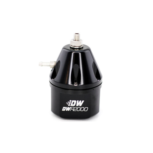 Deatschwerks DWR2000 adjustable fuel pressure regulator, anodized black. Dual -10AN inlet and -8AN outlet. Universal fitment DEW-6-2000-FRB