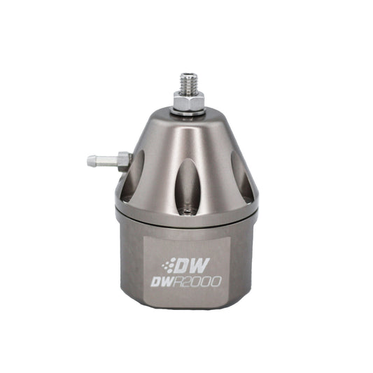 Deatschwerks DWR2000 adjustable fuel pressure regulator, anodized titanium. Dual -10AN inlet and -8AN outlet. Universal fitment DEW-6-2000-FRT