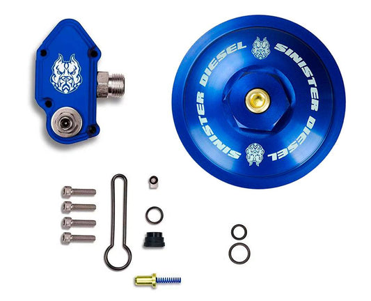 Sinister Diesel Blue Spring Kit With Adjustable Billet Spring Housing And Fuel Filter Cap For 2003-2007 Ford Powerstroke 6.0L SD-FUELBLK-6.0-ADJ-FFC