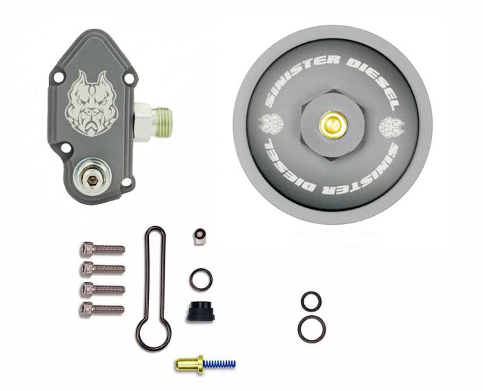 Sinister Diesel Blue Spring Kit With Adjustable Billet Spring Housing (Gray) And Fuel Filter Cap For 2003-2007 Ford Powerstroke 6.0L SDG-6.0P-FBADJ-03-01-20