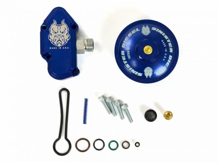 Sinister Diesel Blue Spring Kit With Billet Spring Housing And Fuel Filter Cap For 2003-2007 Ford Powerstroke 6.0L SD-FUELBLK-6.0-FFC