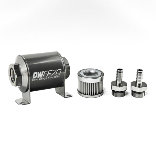 Deatschwerks In-line fuel filter element and housing kit, stainless steel 10 micron, 3/8in hose barb, 70mm. Universal DEW-8-03-070-010K-38